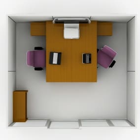 Rendering of a private office with two Think chairs, Currency storage and desk, media:scape mini