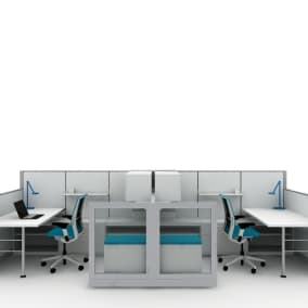 rendering of a work area with wooden desk, Think chairs, dash light on wooden desks