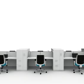 rendering of a work area with six desk divided with Kick panels, Reply chairs and TS storage