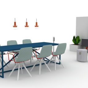 Rendering of a collaborative space with a large rectangular table and LessThanFive chairs