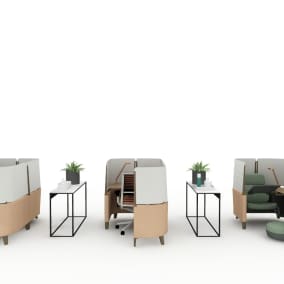 Rendering of a work space with 3 Brody worklounge with footrest, 3 minimalista tables with BluDot Planters and hygiene products