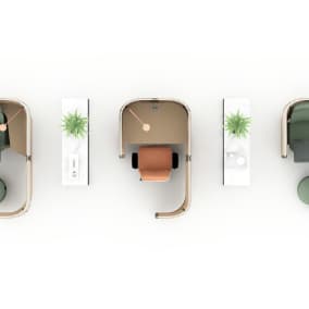 Rendering of a work space with 3 Brody worklounge with footrest, 3 minimalista tables with BluDot Planters and hygiene products