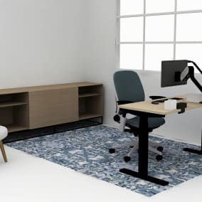 Rendering of a home office with Leap office chair, dash mini light, credenza storage in the back, Migration SE desk