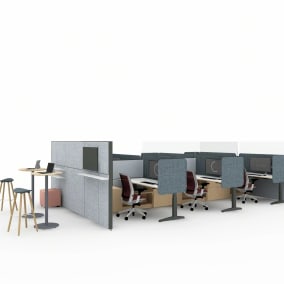 Rendering of a work space with wooden benches separated by Sarto screens, Steelcase Series 2 chairs, Universal laminate storage, slim shelf lights, stools