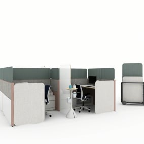 Rendering of a work space with 4 migration se benches, think chairs, answer panels, sarto screens