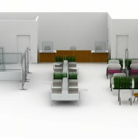 Rendering of a big health space with regard seats, separation screens, Shortcut chairs, alight ottoman seats, Amia and Embold, verge stools, pocket car