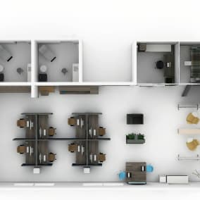 Rendering of a large Health space with several products such as Separation screens, Verb active media table, Umami lounge, Node, Massaud, Gesture chairs, Elective elements storage