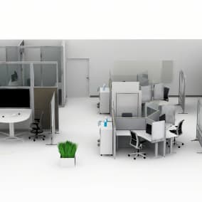 Rendering of a large health space with products such as: Amia seating, Answer panels, Convey modular casework, Groupwork table, Media:scape