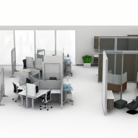 Rendering of a large health space with products such as: Amia seating, Answer panels, Convey modular casework, Groupwork table, Media:scape