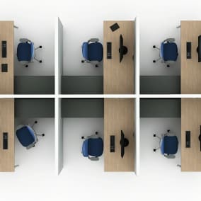 rendering of a work space with six personal benches separated with walls