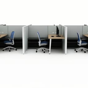 rendering of a work space with six personal benches separated with walls