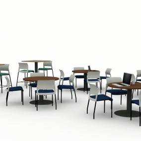 rendering of a workcafe with move chairs and rounded tables
