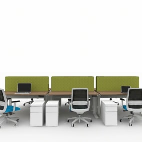 rendering of a collaborative bench with AMQ products, 3F screens and bodi task chairs