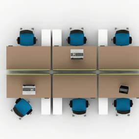 rendering of a collaborative bench with AMQ products, 3F screens and bodi task chairs
