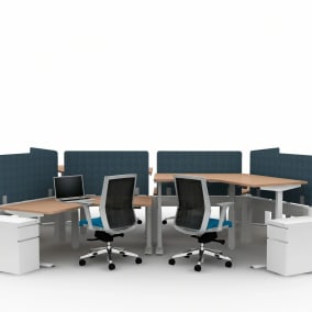 rendering of a collaborative bench with AMQ Activ desk, ZILO chair,