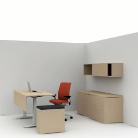 rendering of a private office with ology desk, elective elements storage and think chair