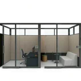 rendering of a meeting space with VIA glass walls, think chair, lagunitas personal table and campfire lounge