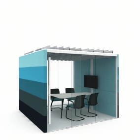 rendering of a meeting space with: Orangebox Air3, Air3 Pod Table, Reply chair