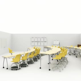 Rendering of a classroom with Node seats, verb table and whiteboard and Sans whiteboard