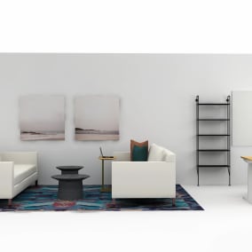 on white image of a setting with Mitchel Gold + Bob Williams Hunter Sofa​, underneath a Eskayel Tesoro rug, Motif whiteboard, Think chair, Hitch bookcase