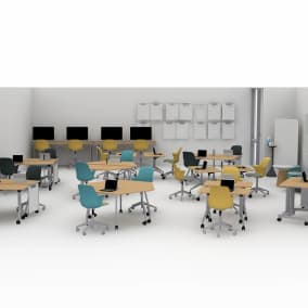 rendering of a classroom using verb tables, node chairs, steelcase flex markerboards, buoy seats, ts series storage
