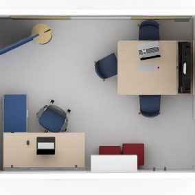 high view of a rendering of a small room with verb active media table, elective elements storage, ology desk, steelcase series 1 chair