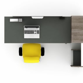 render of a single work space with bivi height adjustable desk, soto worktools, think chair and high density storage