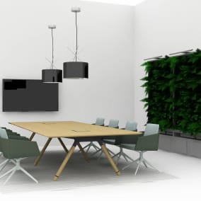 rendering of a meeting room with a large potrero415 table, Marien152 chairs, strokes rug and living wall