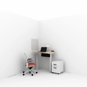 work from home setting with Steelcase series 1 chair, bivi desk, mobile pedestal, polyvision whiteboard