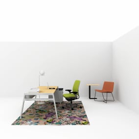 work from home setting with bivi desk, west elm slope lounge, Amia chair, soto worktools