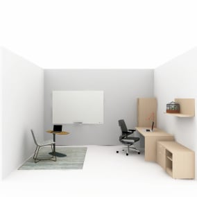 rendering of a private office for two with: Steelcase Studio Special HAD Steelcase Universal Laminate Storage Steelcase EE Floating Shelf Steelcase Gesture Chair BluDot Fancy Rug Coalesse Denizen Table West Elm Slope Chair