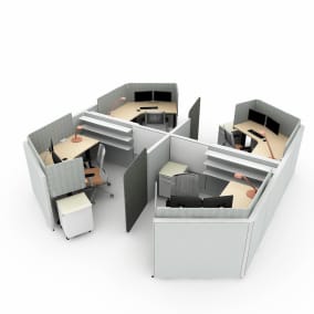 render of a workspace with 4 desk separated by walls, Steelcase Answer Panel AMQ Bodi Chair AMQ Activ 120 Desk AMQ 3F Screen Steelcase Flex Freestanding Screen Steelcase Slim Shelf Turnstone Hinged Top Mobile Pedestal Steelcase Dash Mini Light Steelcase CF Series Evolution Monitor Arm