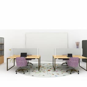 render of a workspace with: Steelcase Mackinac Steelcase Flex Collection Steelcase Bivi Tackable Screen West Elm Greepoint West Elm Sterling Chair Polyvision Flow Panel BluDot Hot Mesh Table Moooi Garden of Eden Rug