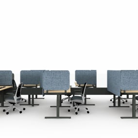 render of a workspace with 6 desk and Steelcase Migration SE Desk Steelcase Sarto Screen Steelcase Series 1 Steelcase CF Series Intro Monitor Arm Steelcase Answer Fence Steelcase Flex Freestanding Screen