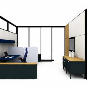 floorplan view of a private office with mackinac desk, elective elements sotrage, gesture chair