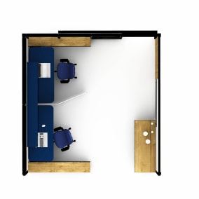 floorplan view of a private office with mackinac desk, elective elements sotrage, gesture chair