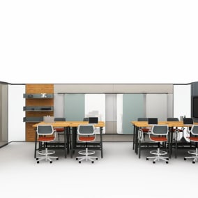 on white rendering of a meeting space with products such as: Steelcase Lite Scale Steelcase V.I.A. Steelcase Flex Collection Steelcase Qivi Stool Steelcase EE Open Shelf Steelcase SOTO Worktools Benjamin Maier Ceramics Mitchell Gold + Bob Williams Jack Sculpture