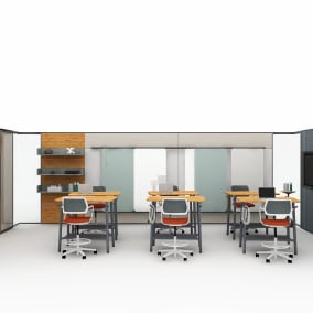 on white rendering of a meeting space with products such as: Steelcase Lite Scale Steelcase V.I.A. Steelcase Flex Collection Steelcase Qivi Stool Steelcase EE Open Shelf Steelcase SOTO Worktools Benjamin Maier Ceramics Mitchell Gold + Bob Williams Jack Sculpture