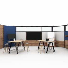 on white render of a meeting space with products such as: Steelcase Roam Mobile Stand Steelcase V.I.A. Steelcase Flex Collection Steelcase EE Storage Coalesse Davos Bench Coalesse Enea Stool Smith System Planner Studio Table