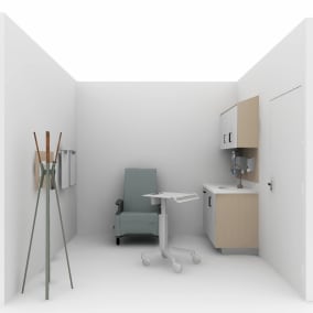 on white render of a clinician room with convey, Empath recliner, splash coat rack