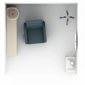 on white render of a clinician room with empath recliner, slim table, splash coat rack, tava table