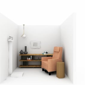 on white render of a clinician room with empath recliner, ic lights S, splash coat rack