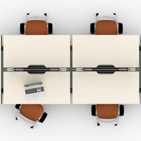 rendering of a work station with bivi benches and steelcase series 2 chairs