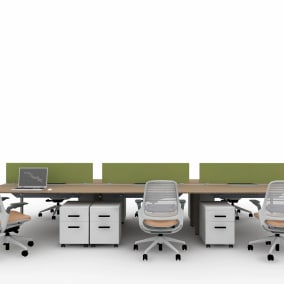 rendering of a work station with frameone collaborative bench and Steelcase series 1 chairs and TS series storage