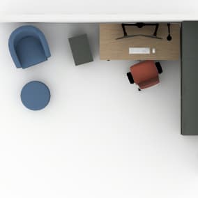 Steelcase Ology Desk, Steelcase Universal Storage, Steelcase Think Chair, Steelcase CF Series Monitor Arm, Steelcase LED Radial Light, Turnstone Campfire Footrest, Turnstone Jenny Planning Idea