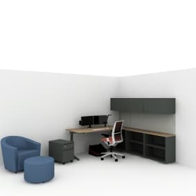 Steelcase Ology Desk, Steelcase Universal Storage, Steelcase Think Chair, Steelcase CF Series Monitor Arm, Steelcase LED Radial Light, Turnstone Campfire Footrest, Turnstone Jenny Planning Idea