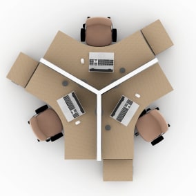 rendering of a workstation with three desks, leap chairs, answer panels, soto chargers and currency pedestal