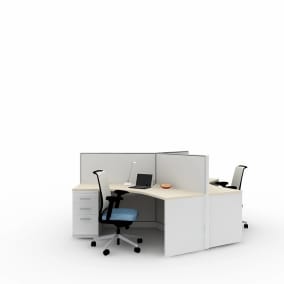 rendering of a workstation with kick panels, reply chairs, ts series pedestal, led linear shelf light