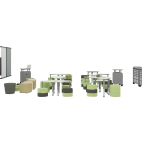 Smith System Oodle, Smith System Flavors Chair, Smith System Interchange Desk, Smith System Tapered Stool, Smith System Cascade Storage, Smith System Cascade Teacher Desk, Steelcase B-Free Small Cube, Steelcase Flex Collection, Steelcase Verb Markerboard
