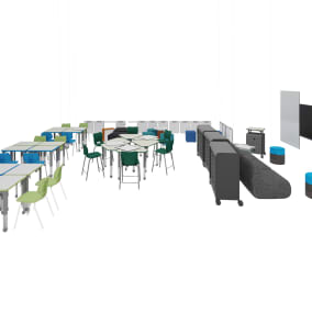 Smith System Oodle, Smith System Flavors Chair, Smith System Interchange Desk, Smith System Cascade Storage, Smith System Cascade Teacher Desk, Smith System Soft Rocker, Steelase Turnstone Campfire, Steelcase B-Free Cubes, Polyvision Flow